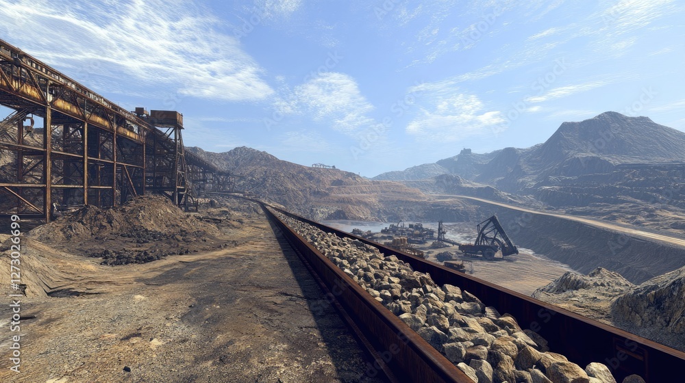 Poster a conveyor belt filled with rocks in a bustling open-pit mine, with large mining equipment and a bar