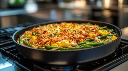 A delicious casserole topped with crispy onions, ready to be served.