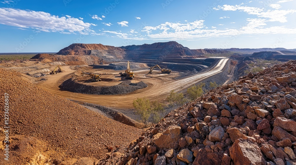 Poster a conveyor belt filled with rocks in a bustling open-pit mine, with large mining equipment and a bar