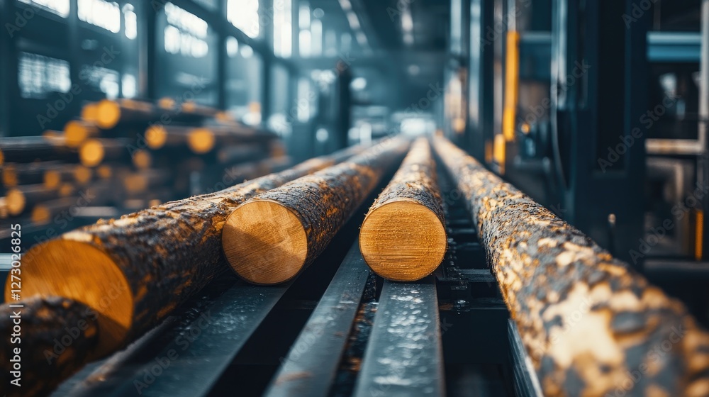Poster A conveyor belt moving logs through a lumber processing factory, showing the mechanical precision and the large-scale operation of the timber industry.