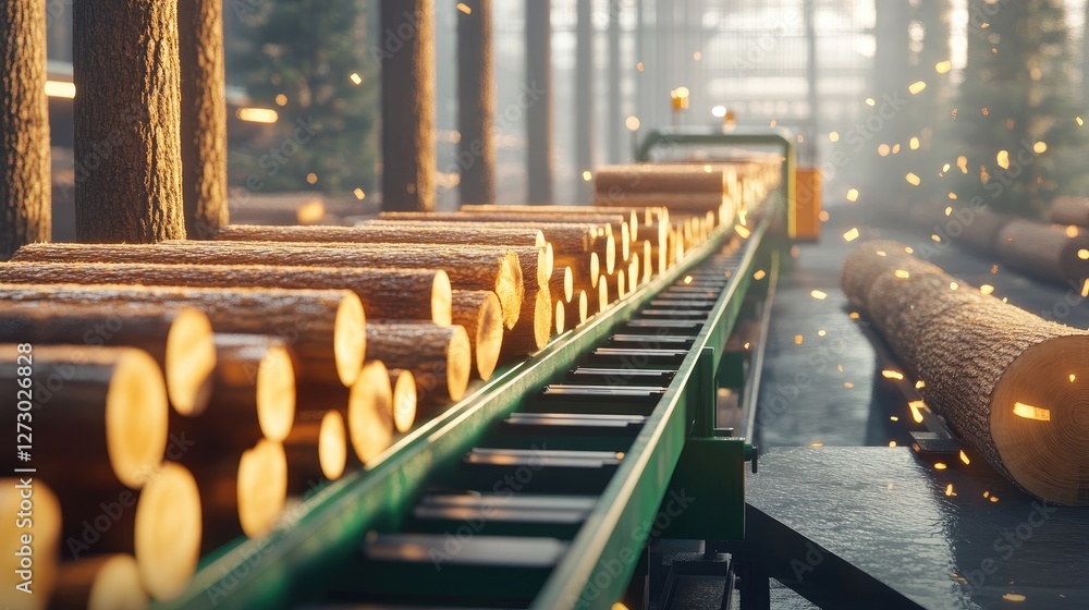 Poster A conveyor belt moving logs through a lumber processing factory, showing the mechanical precision and the large-scale operation of the timber industry.