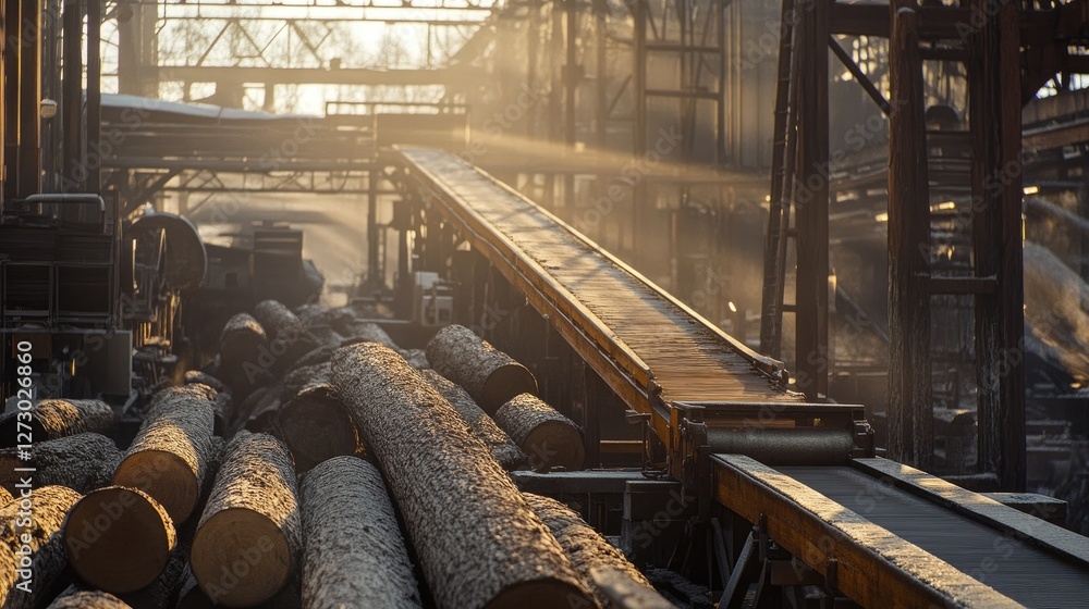 Aufkleber A conveyor belt moving logs through a lumber processing factory, showing the mechanical precision and the large-scale operation of the timber industry.
