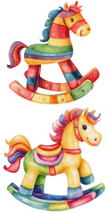 Fototapeta premium Vibrant watercolor rocking horses playful nursery decor charming art soft background whimsical design