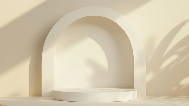 a minimalistic podium scene with a white arch on a beige background for product presentation