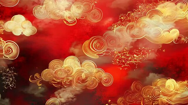 A beautifully intricate pattern of golden swirling clouds on a deep red textured background, inspired by traditional Asian art. This elegant design symbolizes prosperity, fortune, and cultural 
