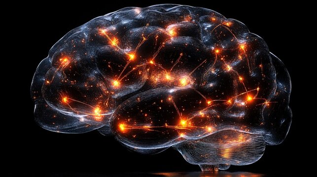 A detailed human brain visualization with glowing neural pathways, digital art style, educational purpose