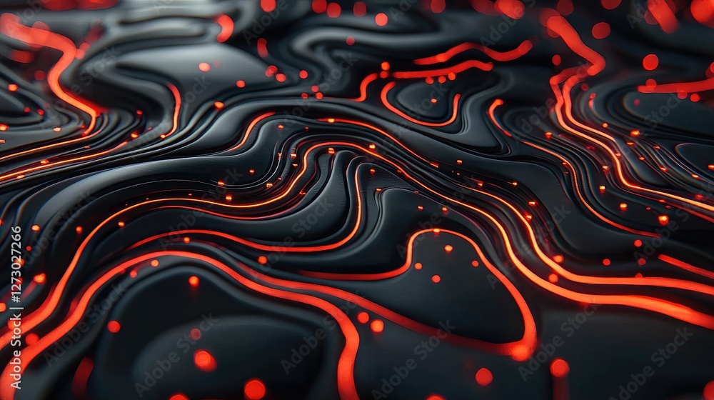 Poster dynamic abstract waves with illuminated red elements digital space 3d render modern design perspecti