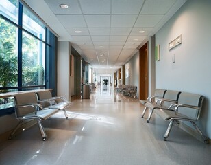 Hospital corridor with chairs and reception