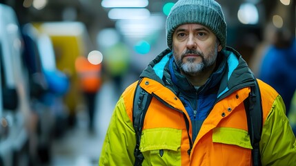 Obraz premium Mature Man in Safety Jacket Walking Outdoors Urban Background Winter