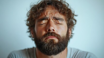 Obraz premium portrait of annoyed tired bearded caucasian man facepalm feel fatigue and burnout after working late night sighing close eyes bothered feel uneasy and depressed standing white wall background