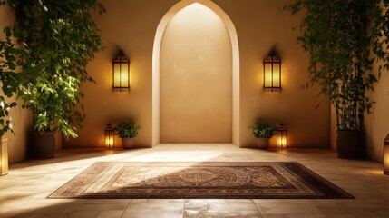 Fototapeta premium Moroccan oasis with intricate rugs and lanterns warm interior interior design cozy ambiance artistic concept