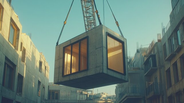 Crane lifts prefabricated concrete house component on construction site