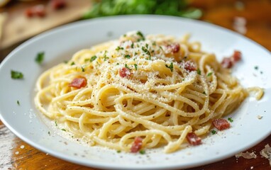 Spaghetti carbonara with parmesan cheese and pancetta on a white plate