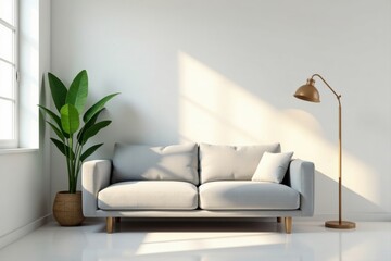 Serene Minimalist Living Room with Light Gray Sofa, Natural Plant, and Floor Lamp
