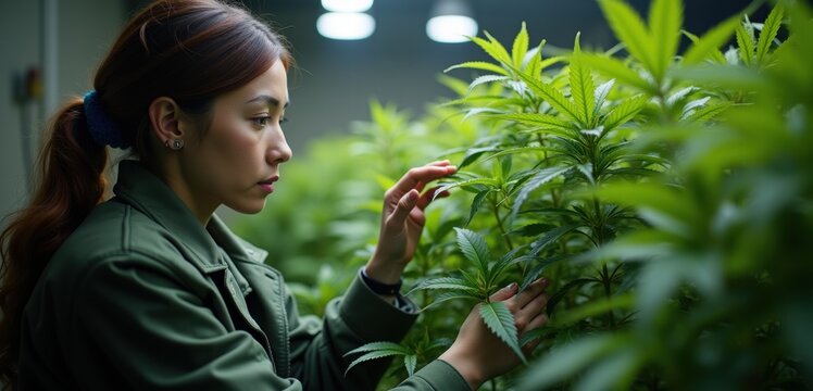 A focused female horticulturist inspects cannabis plants in a modern growth facility, showcasing dedication to sustainable agriculture and innovation in the cannabis industry.