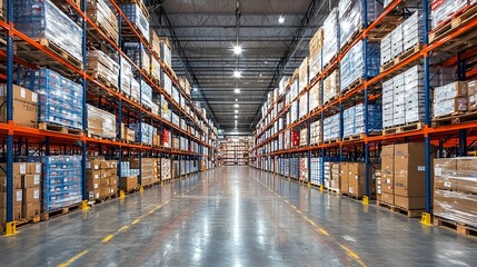 Fototapeta premium Extensive Warehouse Inventory Rows of Pallets Logistics and Distribution Center Interior