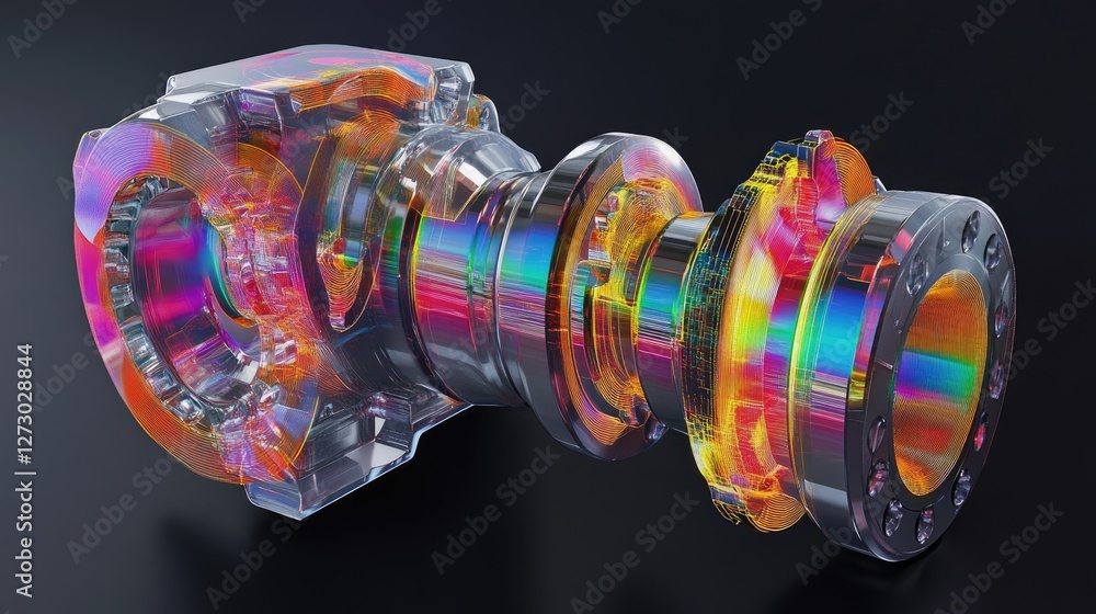 Poster a detailed fem analysis of a crankshaft and pistons, with color maps showing stress distribution and