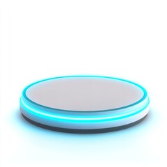 Aqua Blue Neon Ring Display: A 3D Rendered Scene Featuring a Bright Aqua Blue Neon Ring Suspended Above a Matching Two-Tiered Aqua Blue Cylindrical Platform Against a Light Blue Background, Emphasizin