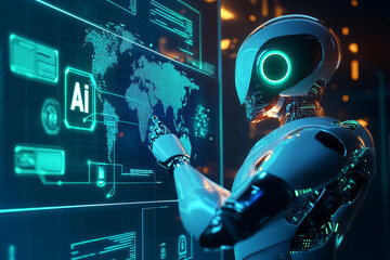 A futuristic robot interacting with a digital data interface on a blue background perfect for technology and AI-themed designs and presentations AI controls robotics arms on factory or manufacture. In