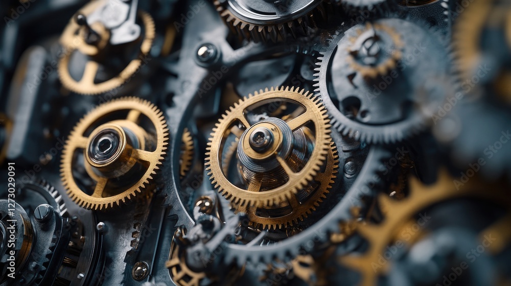 Aufkleber a detailed shot of a mechanical clockwork mechanism, with gears turning smoothly, highlighting the i