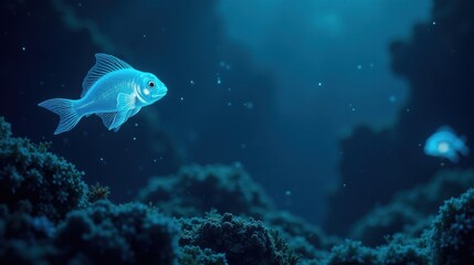 Naklejka premium A luminous aquatic creature gracefully swims through a deep ocean scene, amidst vibrant coral formations and bioluminescent particles.