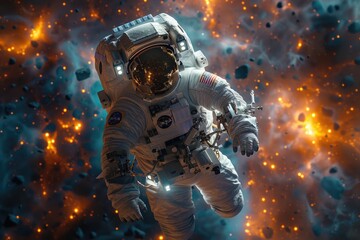 Fototapeta premium astronaut floating in space with a breathtaking galaxy