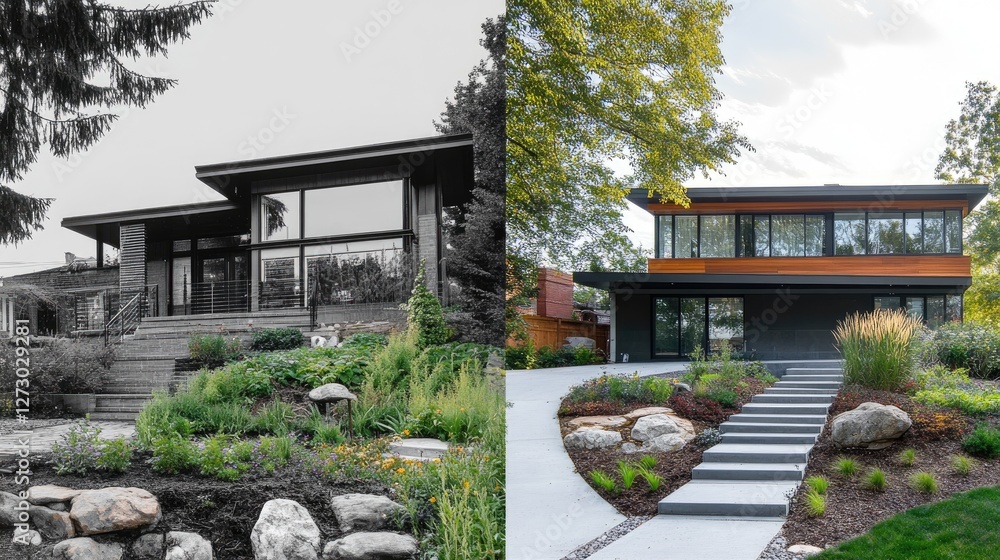 Aufkleber a dramatic before-and-after slider of a neglected house renovated into a stunning custom home with f