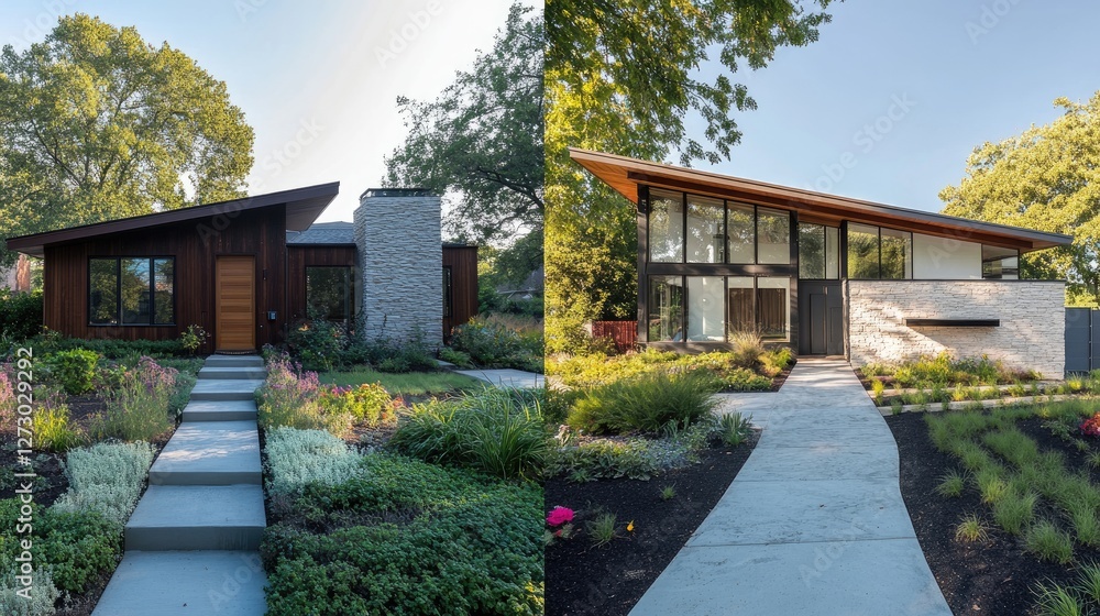Poster a dramatic before-and-after slider of a neglected house renovated into a stunning custom home with f