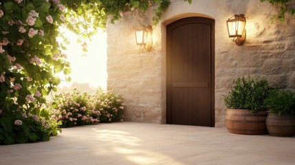 Romantic mediterranean courtyard rustic stone wall charming outdoor space lush greenery serene view inviting ambiance