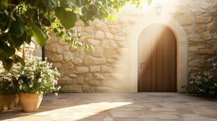 Romantic mediterranean courtyard rustic stone wall tranquil garden sunlit oasis serene environment inviting ambiance