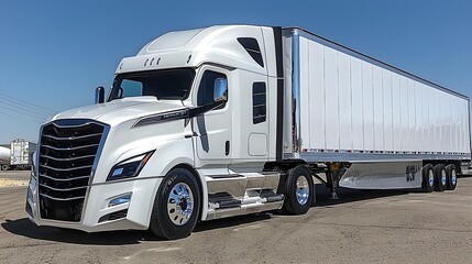 Naklejka premium Modern White Semi Truck with Dry Van Trailer Commercial Vehicle Transportation Logistics Industry