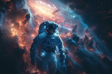 Fototapeta premium astronaut floating in space with a breathtaking galaxy