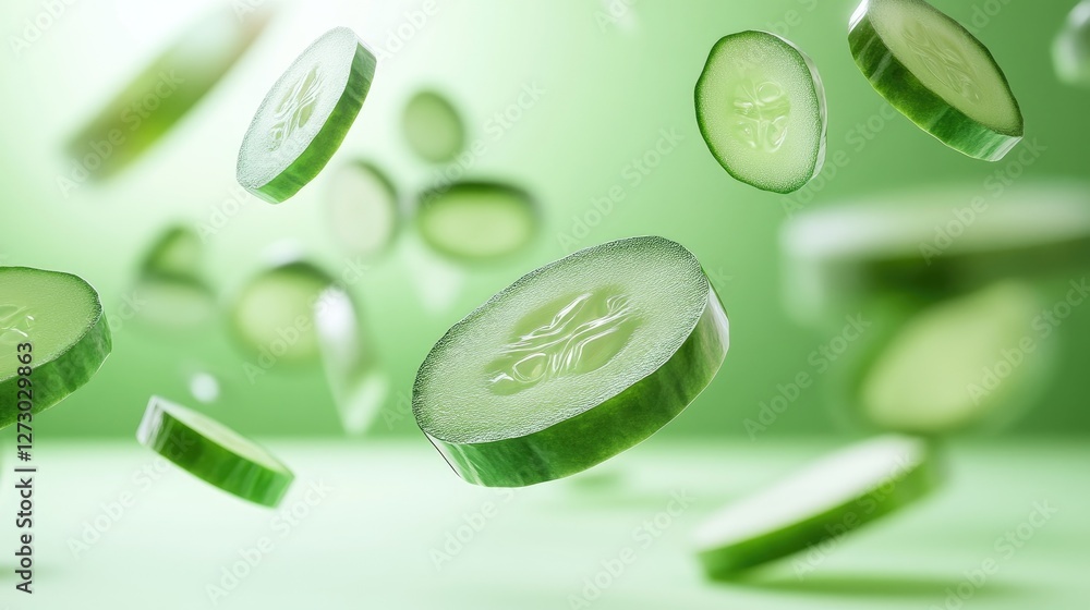 Poster A dynamic image of healthy cucumber slices floating in mid-air, illustrating their freshness and nutritional value in a vibrant, clean setting.