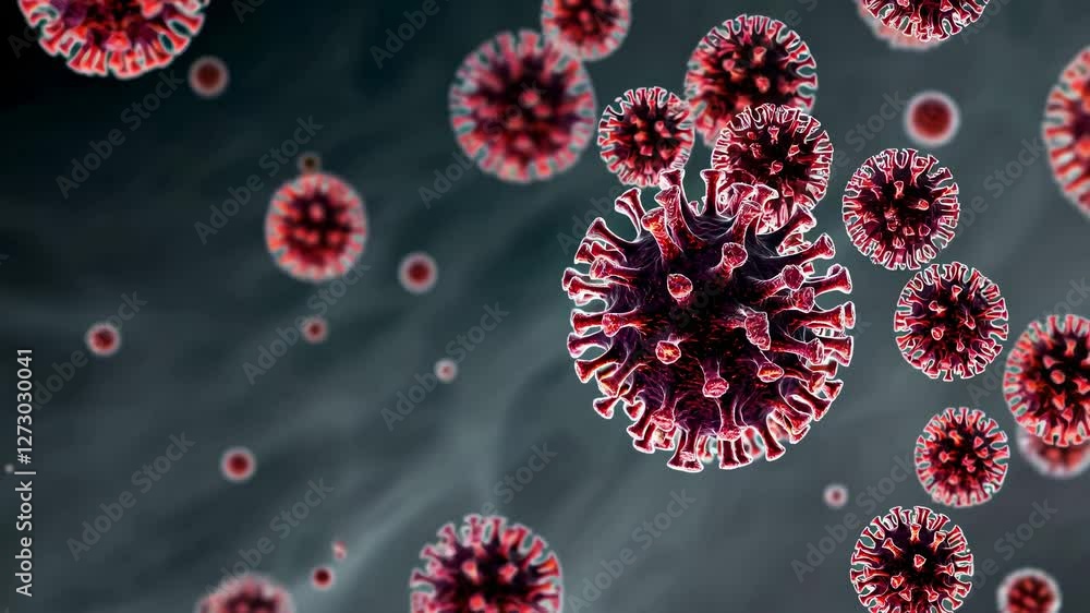 Poster close-up video of a virus particle with a shallow depth of field, showcasing its detailed structure 