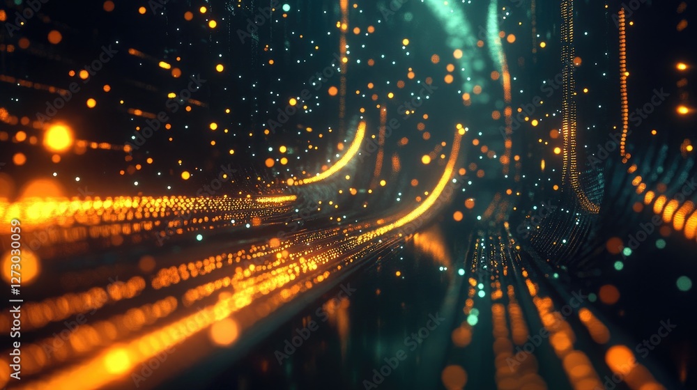 Poster A dynamic scene of glowing network cables in a high-tech data center tunnel, representing the modern era of digital connections and innovations.