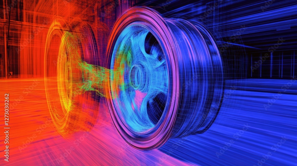 Poster a fem analysis of a rim wheel, showing detailed color maps of stress levels under load during a virt