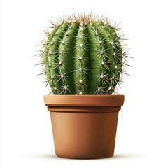 Cactus with spiky needles in a small pot isolated on white background