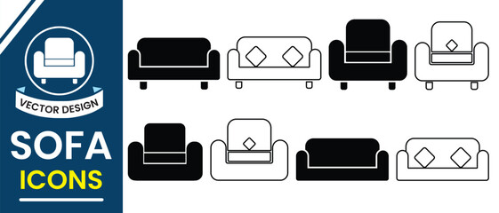 Sofa icon vector illustration. Sofa silhouette sign and symbol. Set of household appliances, furniture icon, symbol. Vector illustration.