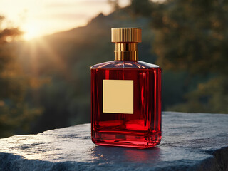 Luxury and gorgeous Red glass bottle of perfume mockup with golden blank label on nature sunset outdoor background, perfect for advertisement and promotion, 300dpi, 3d illustration