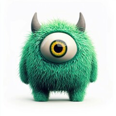 Fluffy green monster with a single big eye isolated on white background