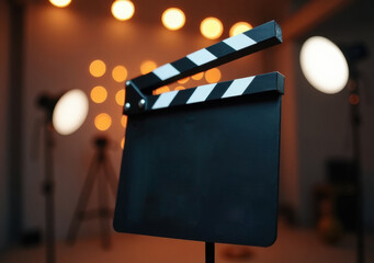 Film clapper board in well-lit studio with blurred background lights