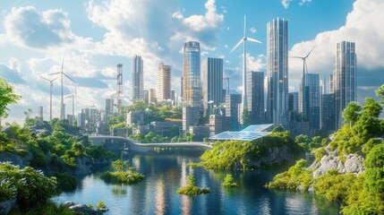 Fototapeta premium A futuristic city with sustainable development, featuring solar energy, wind turbines, and green spaces that promote eco-friendly living and urban growth