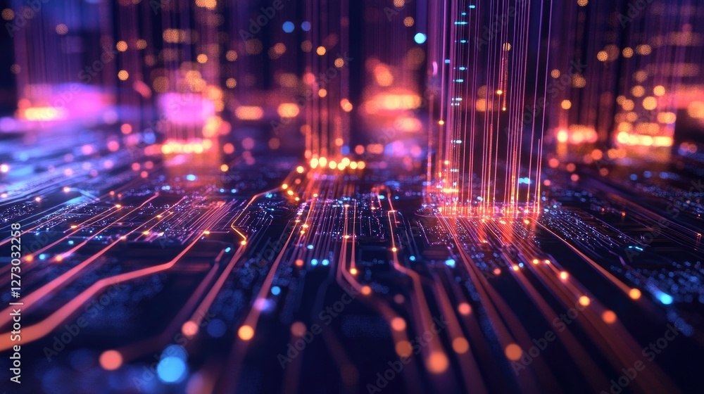 Poster a futuristic scene of fiber optic strands glowing with data transmission across a circuit board, sym