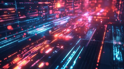 Obraz premium A futuristic image of fiber optic cables glowing in vibrant colors, representing high-speed technology connections and digital networks.