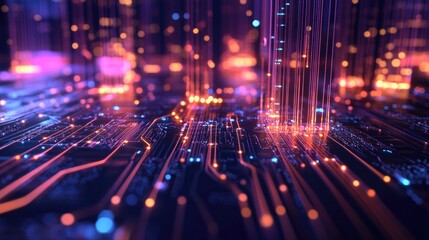 A futuristic scene of fiber optic strands glowing with data transmission across a circuit board, symbolizing the rapid growth of communication technology.
