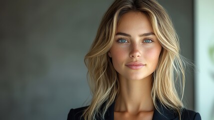Naklejka premium professional businesswoman in tailored attire posing confidently against a grey background embodying corporate leadership modern workplace and success