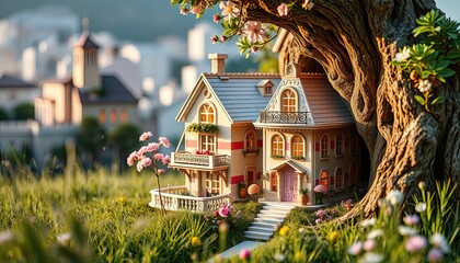 A whimsical two-story dollhouse nestled under the shade of a large tree, with a blooming pink tree, a stone staircase, and a serene urban backdrop