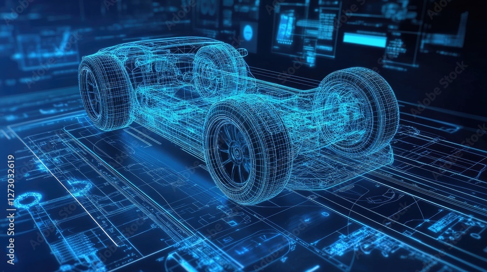 Poster a futuristic wireframe tire and other car components projected holographically above a detailed blue