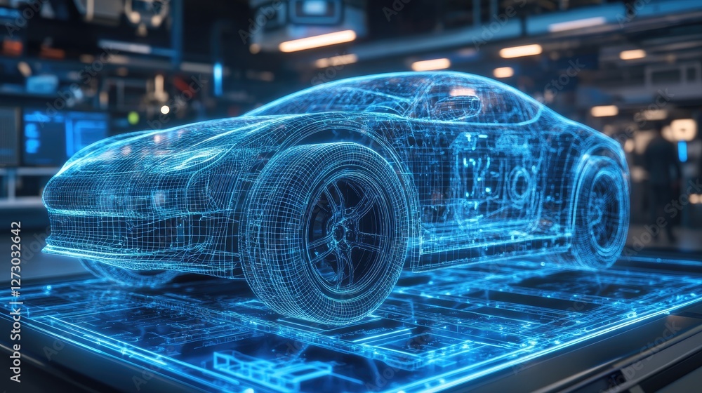 Poster a futuristic wireframe tire and other car components projected holographically above a detailed blue