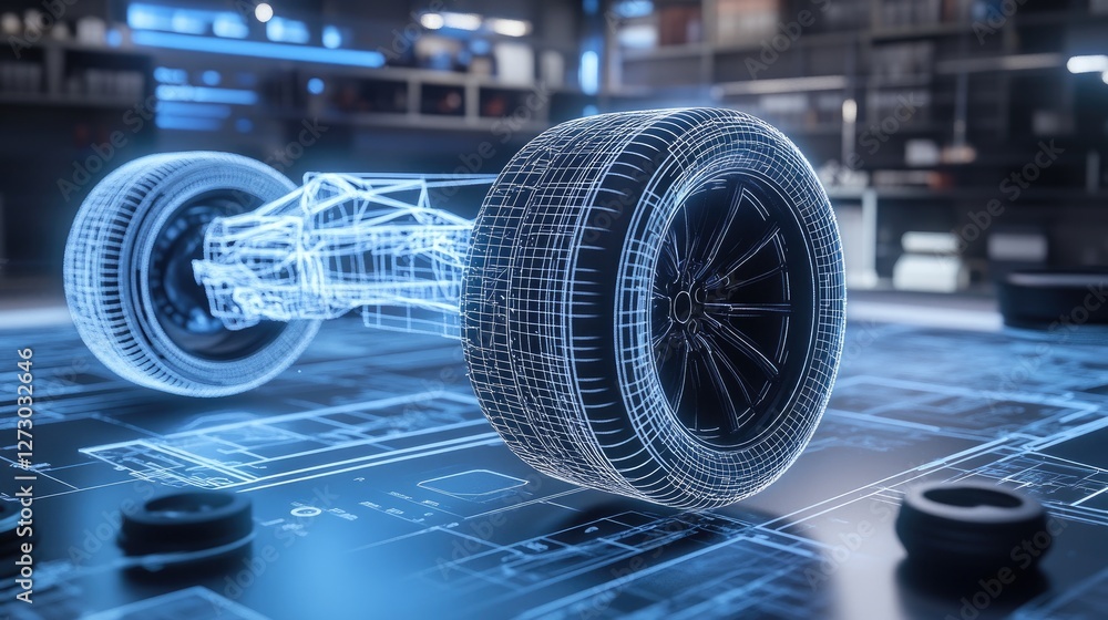 Poster a futuristic wireframe tire and other car components projected holographically above a detailed blue
